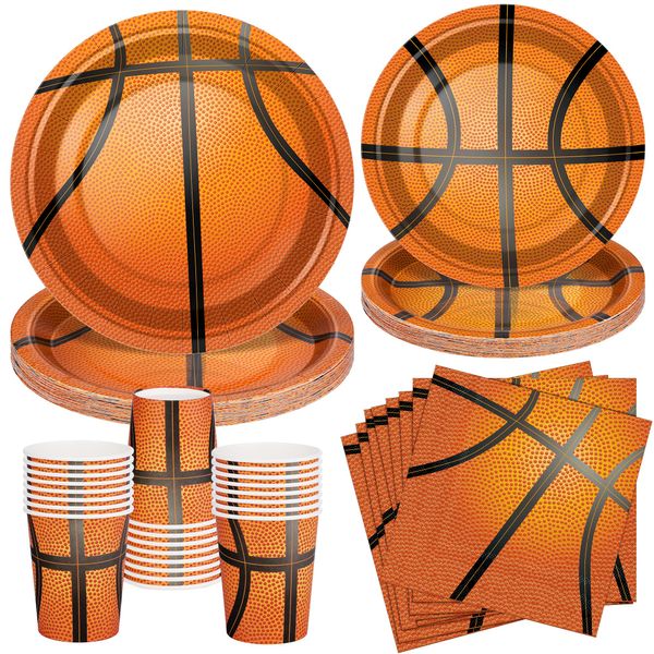 durony 96 Pieces Basketball Party Supplies Birthday Party Tableware Including Paper Plates, Cups, Napkins for Basketball Birthday Party, Serves 24 Guests