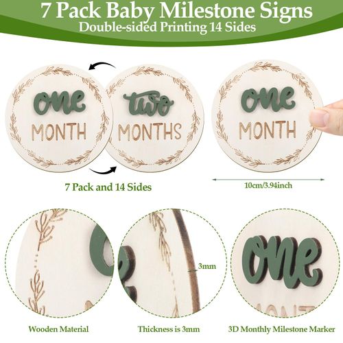7 Pcs Baby Monthly Milestone Cards Sign, Double Sided 3D Baby Milestone Signs Baby Growth Cards Milestone Wooden Circles for Baby Boy Girls 1-12 Months Baby Milestone Pictures (Double Sided)