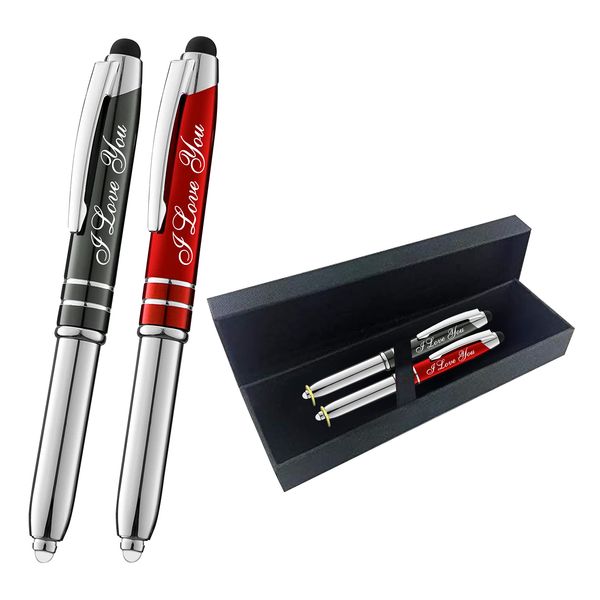 Valentine's Day Gift "I Love You" Gift Pens- Romantic Pens for Your Wife Husband Dad Mom, 3 in1 Stylus+Metal Pen+LED Flashlight for Phones and Touch Screen Devices, Gunmetal and Red + Gift Box