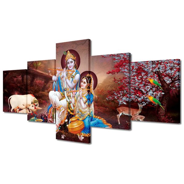 Framed Art Wall Decor Radha Krishna Canvas Prints India Religious Culture Canvas Prints Art Work for Home Walls 5 Panel Canvas Wall Art Ready to Hang Bedroom Decor Aesthetic, 50"x24"