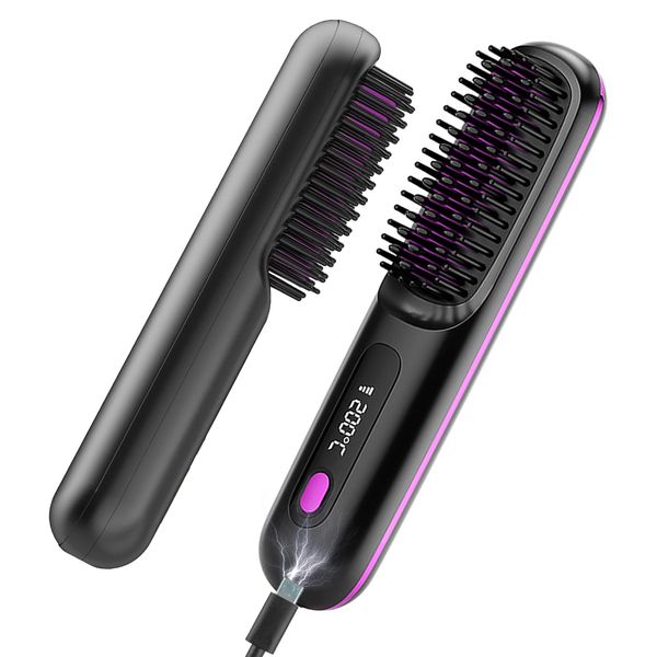 Nadiaen Hair Straightener Brush,Anti-Scald Design Hot Comb Hair Straightener,Portable Cordless Hair Straightener Brush,2 in 1 Negative Ion Hair Straightening Brush USB Rechargeable,for Hair Styling