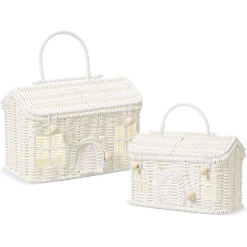 Weysat 2 Pcs Rattan House Shaped Basket with Lid Decorative Hand Woven Organizer Wicker Dollhouse Basket Cute Handmade Handcrafted Gift for Storage Organizing Home Decoration Artwork