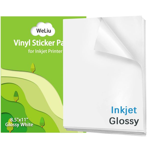 Weliu Printable Vinyl Sticker Paper for Inkjet Printer - Glossy White - 21 Waterproof Decal Paper Self-Adhesive Sheets 8.5"x11"- Dries Quickly and Holds Ink Beautifully