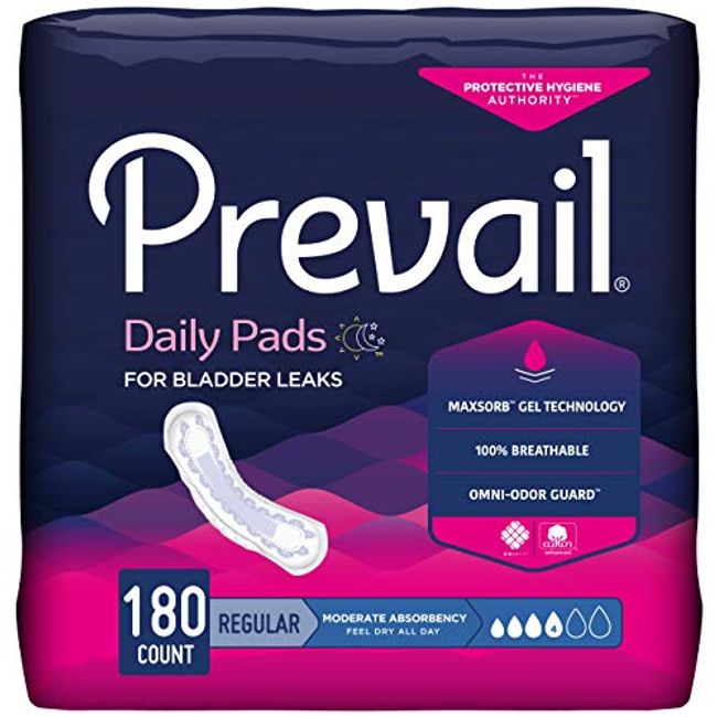 Prevail Incontinence Bladder Control Pads for Women, Moderate Absorbency, Regular Length, 180 Count