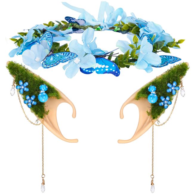 FRESHME Blue Mushroom Elf Ears with Woodland Flower Crown, Fairy Butterfly Headpiece and Soft Pixie Mushroom Ears Set Elf Floral Headband for Women Girls Renaissance Halloween Wedding Bridal Cosplay