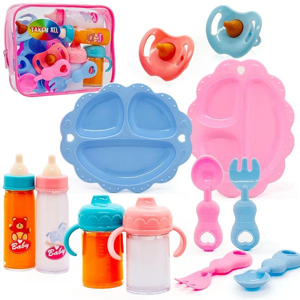 Baby Doll Accessories Magic Bottle set Magic Disappearing Milk Juice Bottles Sippy Cups with Pacifiers Bowl Spoons, Doll Bottle Toys Feeding Pretend Playset for Kids Girls Ages 3+ (Small set(10pcs))