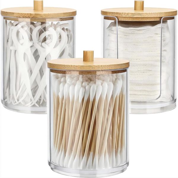 3 Pack Cotton Pad Holder, Cotton Bud Dispenser with Bamboo Lids, Cotton Swab Ball Holder,Cotton Pad Storage,Suitable for Cosmetics, Cotton Balls, Cotton Swabs, and Cotton Pads