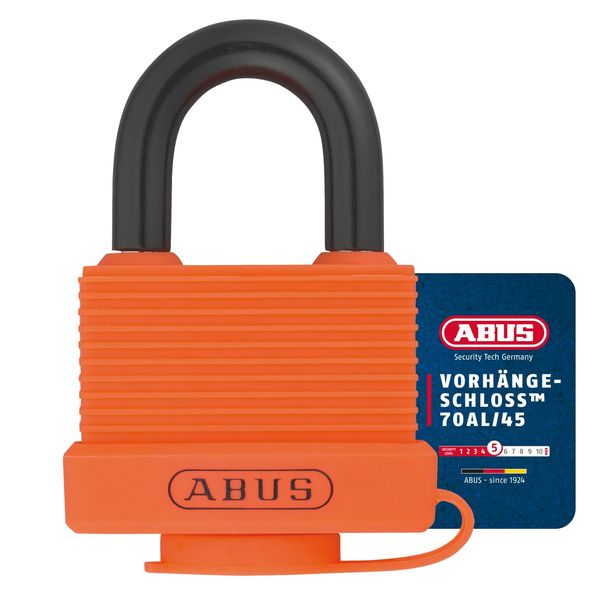 ABUS padlock 70AL/45 made of solid aluminium - weatherproof - with protective cap and plastic coating - ABUS security level 5 - orange