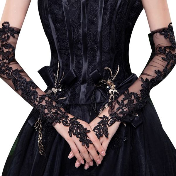 MoreChioce Women's Lace Long Gloves, Lace Fingerless Gloves Summer Elbow Length Cosplay Gloves Mesh Fingerless Gloves for Bride Prom Opera Dinner Party,Black