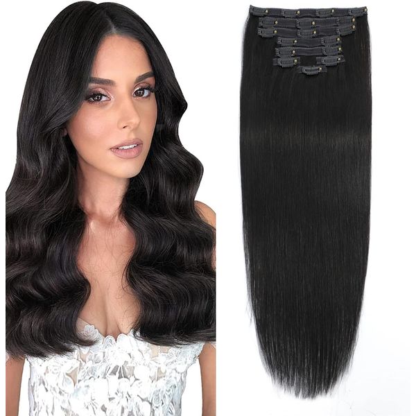 20inch Double Weft Clip in Hair Extensions Real Human Hair 8pcs 100g Silky Straight-100% Cuticles Aligned Remy Human Hair Lace Weft Clip in Human Hair Extensions (20 Inch-100g, 1B Natural Black)