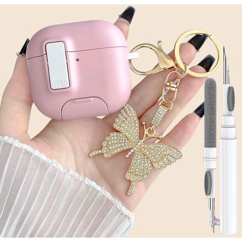 Cute Pink Airpods 4 Gen Case with Lock&Bling Butterfly Keychain for Girly Women, Unique Hard Case Cover for Apple Airpods 4th Generation 2024 with Cleaning Kit&Phone Stand [US Patent]
