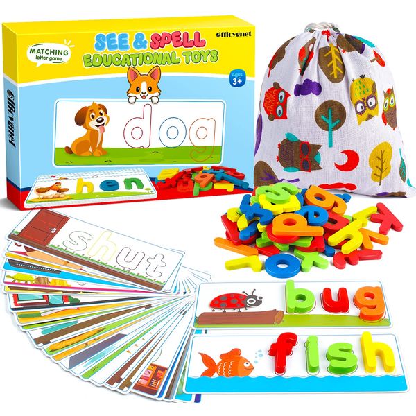 Officygnet See & Spell Learning Educational Toys and Gift for 3 4 5 6 Years Old Boys and Girls - Matching Letter Game for Preschool Kids - 80 Pcs of CVC Word Builders for Toddler Learning Activities