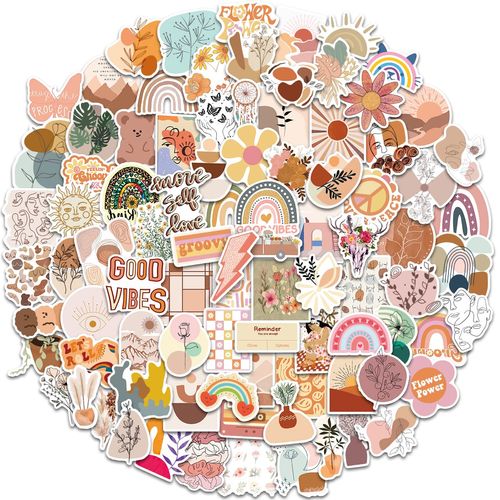 100 x Boho Stickers for Laptop, Phone, Water Bottle, Skateboard, Suitcase, Guitar, Pad, Cute Aesthetic Vinyl Stickers, Waterproof, Scrapbook Stickers