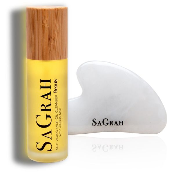 SaGrah Beauty Anti-Aging Milk Oil Cleanser with Jojoba Milk & Gua-Sha Duo