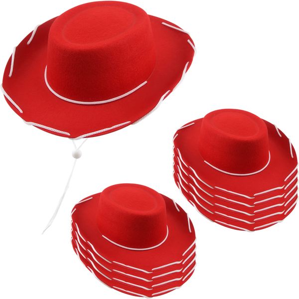 SGBETTER 10 Pack Kids Cowboy Hat Felt Western Cowgirl Hat for Boys Girls Birthday Halloween Cowboy Theme Party Supplies Dress Up Accessories (Red)