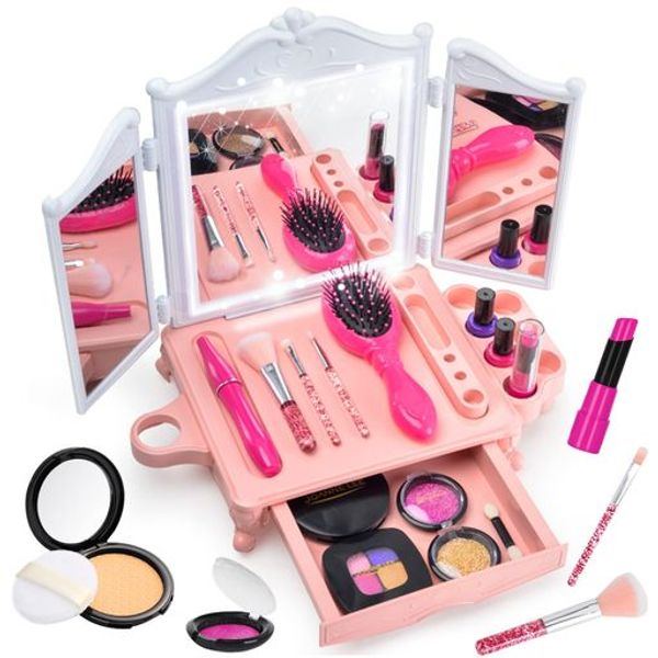 CORPER TOYS Pretend Play Makeup Toy Cosmetic Set for Girls Dressing Table Toy with Three-Sided Mirror Tabletop Mini Dressing Table Mirror Toy Pretend Play Pretend Play Set Christmas Gift for Ages 6 and Up