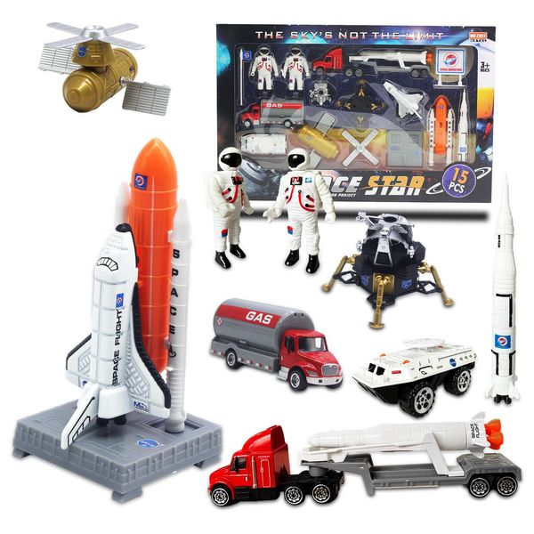 OTONOPI Space Shuttle Rocket Toys Set for Kids 3 4 5 6 7 8 9+ Years Old Rocket Ship Toys 15 PCS Die-Cast STEM Aerospace Toys with 3 Rocket Ships Space Shuttle 2 Astronauts Lunar Lander Satellite, etc.