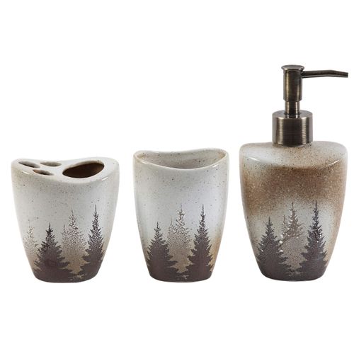 Paseo Road Clearwater Pines 3 Piece Rustic Countertop Bathroom Accessory Set with Soap Lotion Dispenser, Tumbler, Toothbrush Holder, Forest Pine Tree Cabin Theme Bath Accessories
