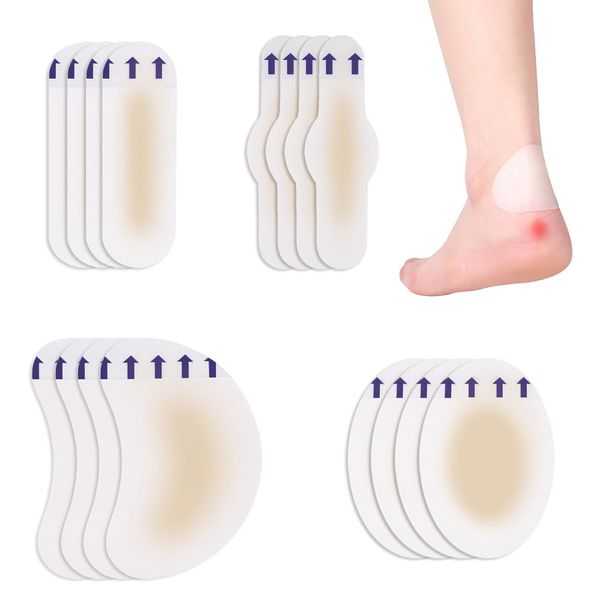 16 Pack Blister Plasters for Feet, Blister Bandages Invisible Hydrocolloid Blister Cushion Pads Gel Blister Guard Pads Waterproof for Heel, Toe, Guard Skin, Faster Healing Wound (4 * 4P)