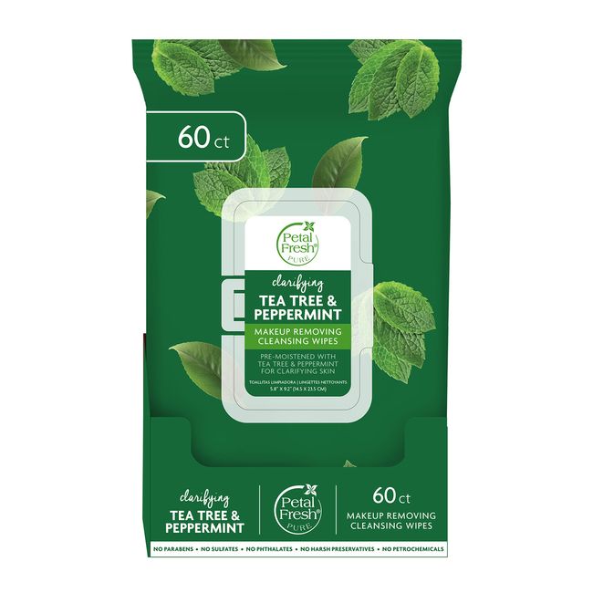 Petal Fresh Clarifying Tea Tree & Peppermint Makeup Removing, Cleansing Towelettes, Gentle Face Wipes, Daily Cleansing, Vegan and Cruelty Free, 60 count