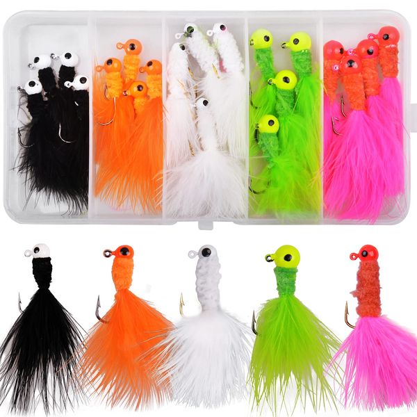 Jig Heads for Fishing Crappie Jig Head Marabou Feather Jig Lures Round Ball Head Jig Hooks Hair Jig Bait for Bass Trout Walleye Panfish 1/8oz 1/16oz 1/32oz (Mix Size-20pcs)