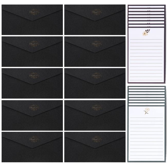 Letter Set, Stylish, Adult, Simple, 10 Envelopes, 16 Letters, Stationery Set, Stylish, High Quality, Bulk Set, Invitations, Weddings, Celebrations, Greeting Cards (Black, Thank You)