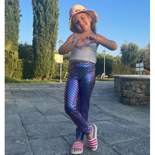 YgneeDom Kids Girls Mermaid Leggings Shiny Metallic Scale Pants for Halloween Dance Party(Mermaid-Purple,S)