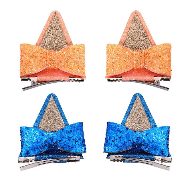 4pcs Dog Ears Hair Clips, Glitter Bow Barrettes for Toddlers Girls Cute Hair Accessories for Bluey Animal Cosplay for Birthday Party Halloween Costume Supplies for Bingo (Blue & Orange)