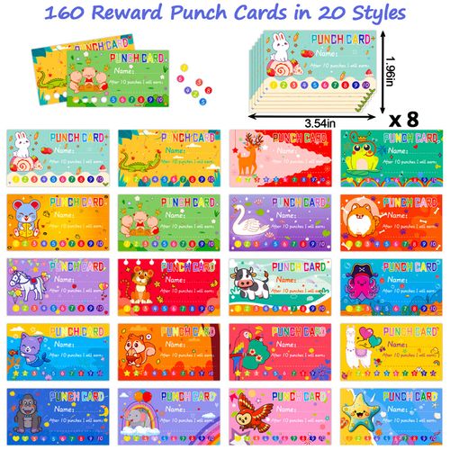 160 PCS Behavior Punch Cards for Kids with Hole Puncher, Reward Cards for Students with 160 PCS Funny Punny Reward Stickers, Incentive Awards Loyalty Punch Cards for Classroom Teachers School Supplies