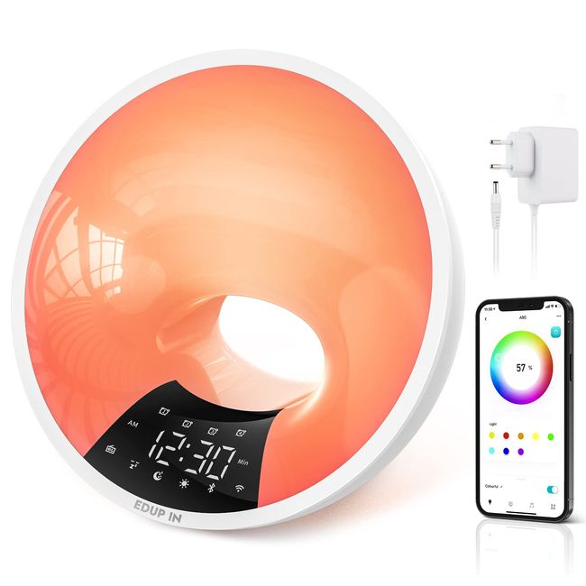 EDUP IN Lichtwecker Wake Up Light Smart Wecker Simuliert Sonnenaufgang Bluetooth Lautsprecher APP Steuerung 4 Wecker Snooze 16 Mio. Nachtlicht 7 Naturtöne Dimmbar USB Anschluss Radio Adapter Weiß