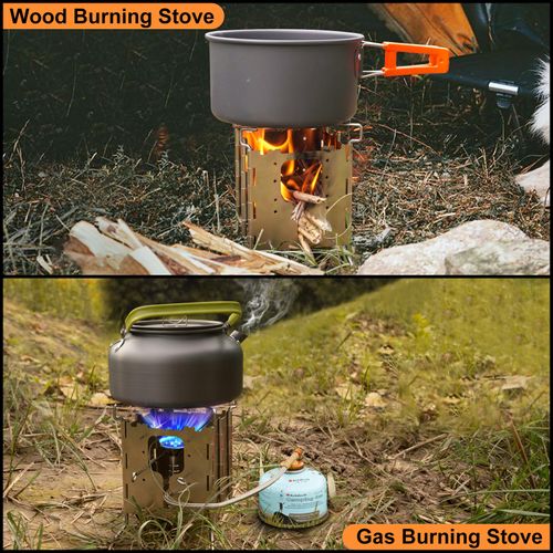 Hotdevil Camping Solo Stove Stainless ALL-Fuel Folding Backpacking Stove Single Burner Fire Pit Portable Butane Fuel Stoves on Propane Gas Ethanol Wood Charcoal for Outdoor Cooking Boil Survival Kit