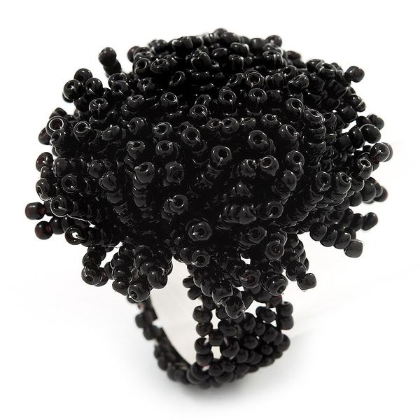 Avalaya Large Black Glass Bead Flower Stretch Ring