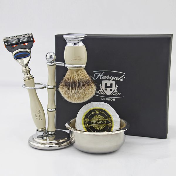 Haryali London Shaving Kit - 5 Pc Shaving Kit - 5 Edge Shaving Razor - Super Badger Shaving Brush - Shaving Stand - Shaving Soap - Shaving Bowl - Ivory Color Shaving Set