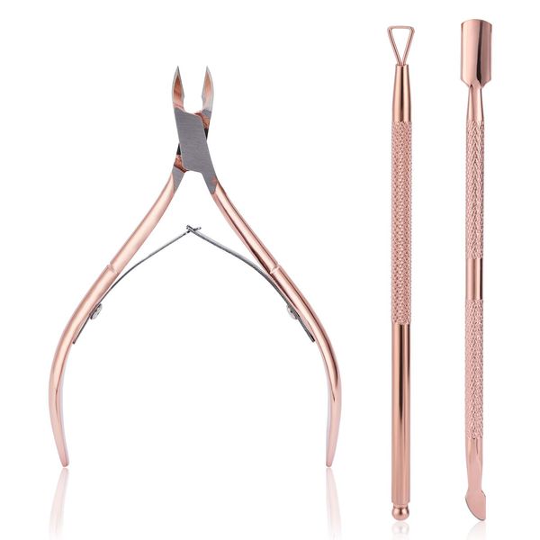 3 Stück Nagelhautzange mit Nagelhautschieber, Nagelhaut trimmer, Edelstahl Nagelhautentferner und Cutter für Fingernagel und Zehennagel, Mwoot Cuticle Nipper with Cuticle Pusher Peeler (Roségold)