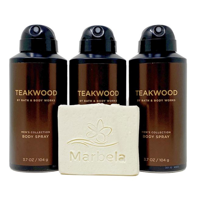 Bath & Body Works Men's Collection Teakwood - 3 pack - Body Spray With a Natural Oats Sample Soap.