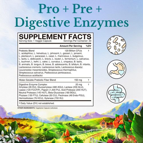 VITALITOWN Probiotics 120 Billion CFUs | 36 Strains, with Prebiotics & Digestive Enzymes for Men Women | Shelf Stable | Digestive Health & Immune Support | Vegan, Non-GMO | 30 Delayed Release Veg Caps