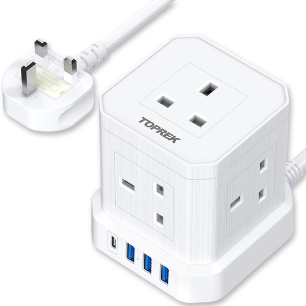 Cube Extension Lead with USB Slots, TOPREK 5 Way Power Strip with 5 AC Outlet 4 USB (USB-C 20W PD3.0 Fast Charger) 1 Switch, 2M Extension Cord, 3250W/13A, UK Power Strip for Desk Home Office Travel