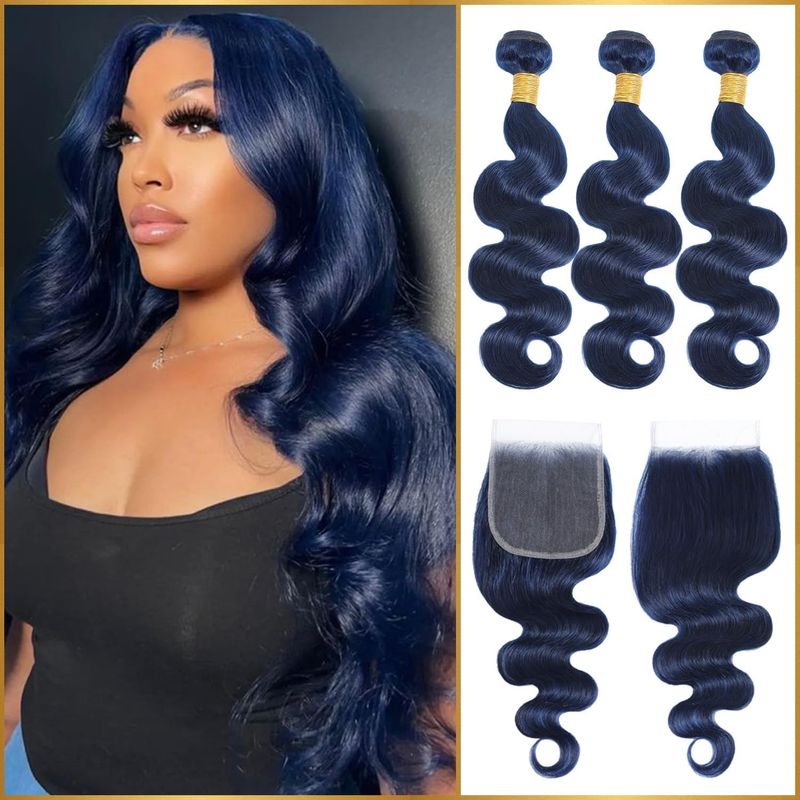 Dark Blue Body Wave Bundles with 4x4 HD Lace Closure, 100% Brazilian ...
