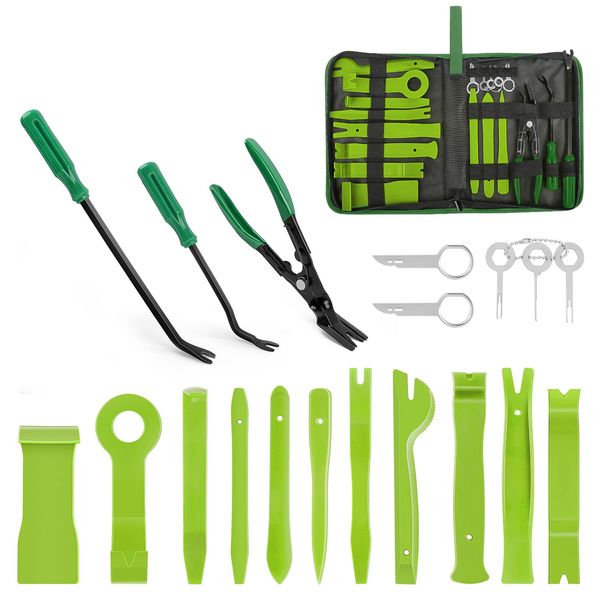 GOOACC 19Pcs Trim Removal Tool Set Panel Fastener Clips Removal Automotive Plastic Upholstery Pliers Removal Install Removal Car Tool with Storage Bag for Trim Panel Audio Clip Pliers Terminal-Green