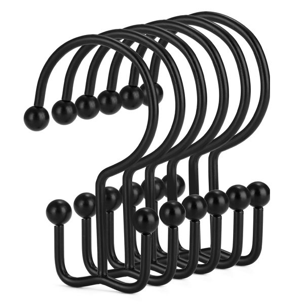 Goowin Shower Curtain Hooks, 12 Pcs Shower Curtain Rings, Durable Rust Proof Black Shower Curtain Hooks, Shower Rings for Curtain, Double Glide Shower Curtain Hooks for Shower Curtain Rods, Black