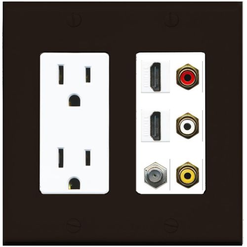 RiteAV - 2 x 15 Amp 125V Power Outlet 3 x RCA - 2 X HDMI and 1 x Coax Cable TV Port Wall Plate - Brown/White
