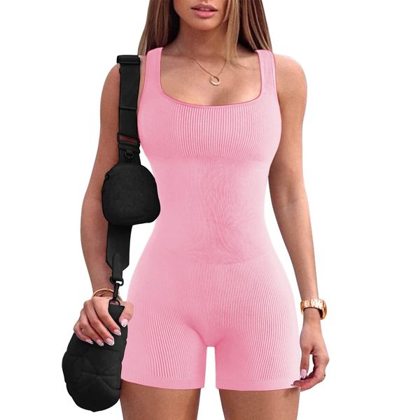 JN JANPRINT Jumpsuit Damen Kurz Eng Yoga Bodysuit Overall Stretch Bodycon Tank Top Sommer Romper Sexy One Piece Bodycon Ärmellose Sportanzug Einteiler Ganzkörperanzug Trainingsanzug(Rosa,M)