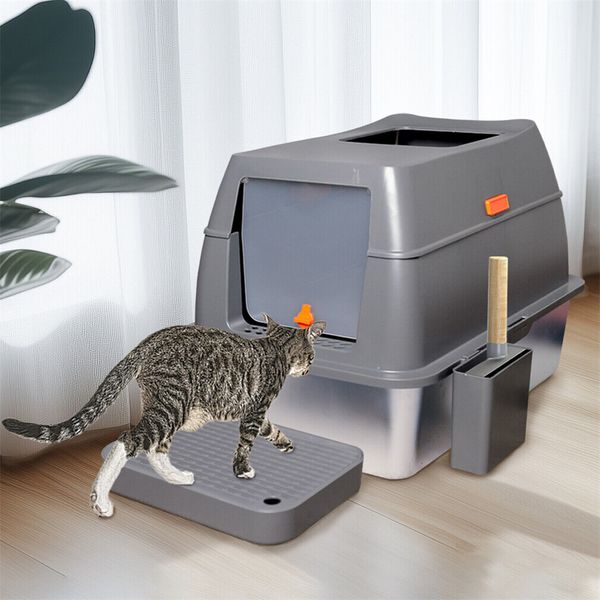 Extra Large Stainless Steel Pet Cat Litter Box Easy Clean w/ Scoop & Litter Step