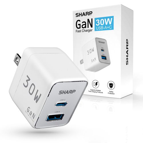 Sharp USB C Charger - 30W, Dual Port (USB A+C) Compact Foldable GaN Fast Charge for iPhone 15/15 Pro/15 Pro Max/14/13/12, Pad Pro/AirPods and More, White