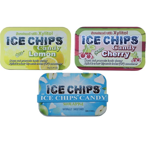 ICE CHIPS Xylitol Candy 3 Pack Assortment (Sour Apple, Sour Cherry, Lemon) 5.28 OZ