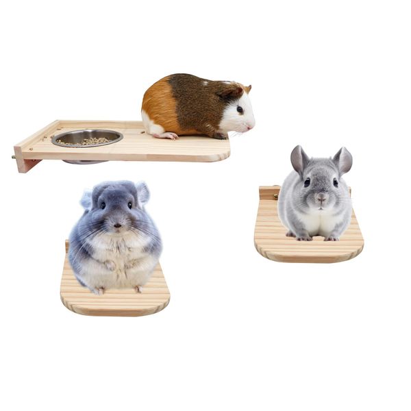 Guinea Pig Platform Set with Feeding Bowl, 3 Pack Wooden Hamster Cage Platform, Small Animals Perch Stand Board, Cage Accessories for Hamster Rats Squirrel Gerbil Birds Parrots Parakeets Guinea Pig