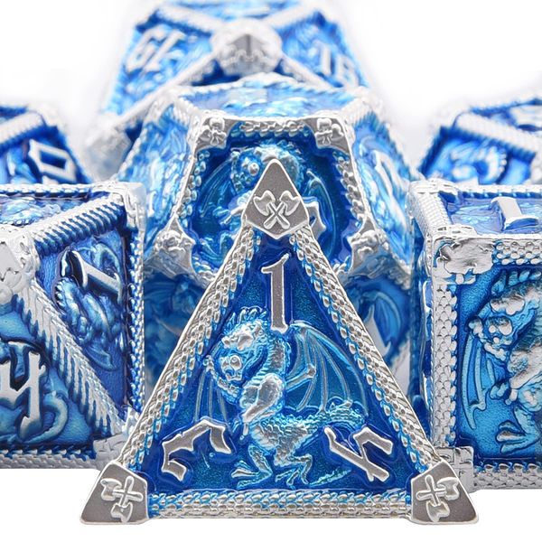 SIQUK 7-Die Metal Dice for DND Polyhedral Dice with Box D20 D12 D10 D% D8 D6 D4 Dice Set for Dungeons and Dragons Roll Playing Game Pathfinder Warhammer RPG MTG Board Games (Sky Blue with Silver Edge)