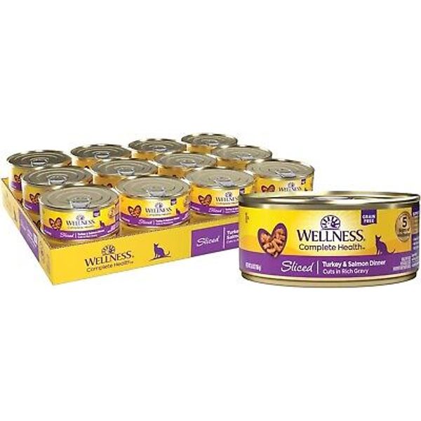 Wellness Grain Free Wet Cat Food Sliced Turkey & Salmon Exp 02/27 24 Ct