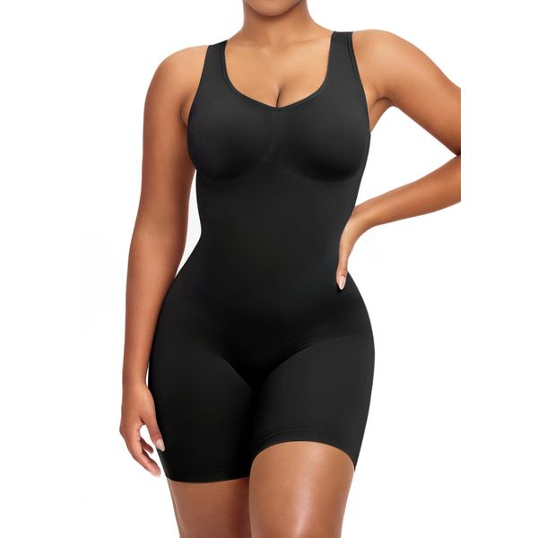 YIANNA Body Shaper Damen Bauchweg Stark Formend Nahtlos Shapewear Bodysuit Miederbody Miederhose Formende Hose mit Bein Shaping Schwarz 5310 L/XL