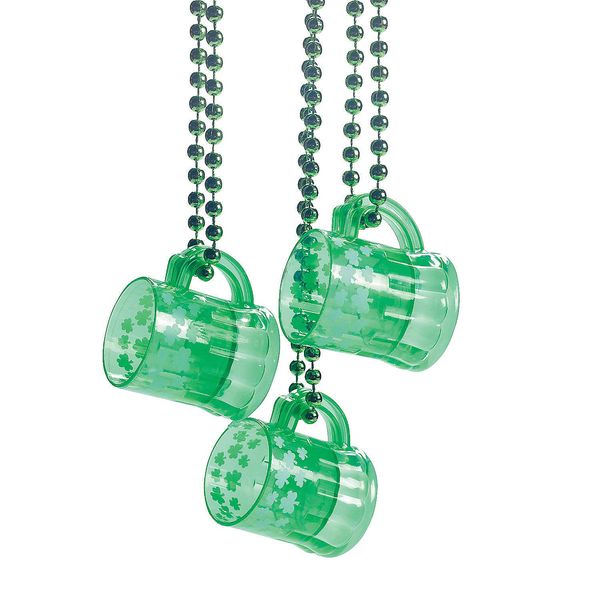 Fun Express Set of 12 Pieces Shot Glass Bead Necklaces, Holds 1 oz, BPA Free Plastic, St. Patrick's Day and Mardi Grad Party Supplies, Green